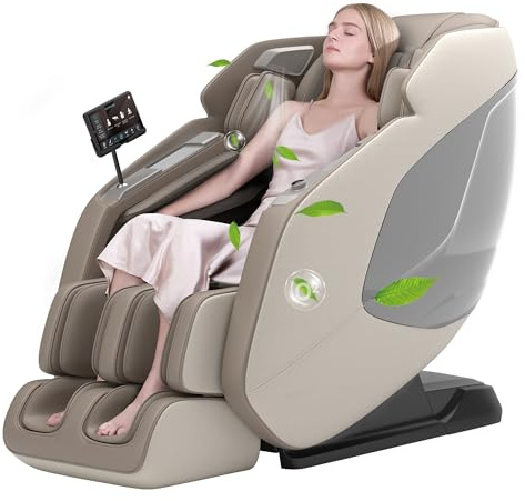 Real Relax 4D-Massagesessel,Ganzkörper-Shiatsu-Massage-Stuhl,Massageliege mit SL-Track,Yoga-Stretching,UI-Touchscreen,Fußrollen,Heizung,PS5200, Khaki