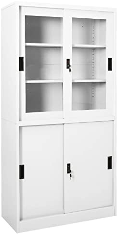 SooIarix Büroschrank mit Schiebetüren Weiß, 90x40x180 cm, robuster Stahlschrank mit 3 verstellbaren Einlegeböden und sicheren Schlössern für Büro und Lager