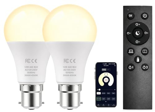 AILEMING B22 A60 LED-Glühbirne, entspricht 12 W 100 W Glühlampe, 2,4 GHz Fernbedienung, 3000–6500 K, dimmbar für Heimdekoration, 2 Glühbirnen mit Fernbedienung