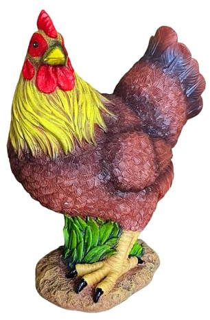 Relaxdays Gartenfigur Huhn, brauner Hahn, wetterfeste Gartendeko, bunt | authentische Tierfigur, Kunstharz, 24 cm hoch