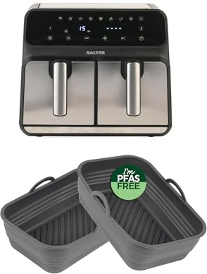 Salter Dual Air Pro Dual Air Fryer 7.6L With 2 Silicone Baskets | 1700W, 10 functions, sensor touch controls, sync & match cooking, stainless steel finish, collapsible dishwasher-safe inserts