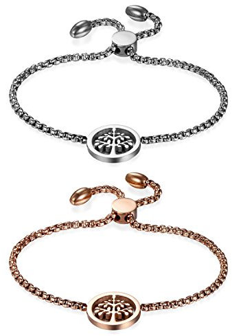 JewelryWe Schmuck 2 PCS Baum des Lebens Armband für Damen, Edelstahl Charm-Armband Armkette Verstellbar Armkettchen Armreif, Rosegold/Silber
