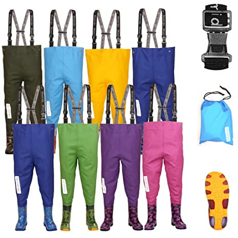 3Kamido Trampolieri per Bambini giovanili - 10 Modelli, Vita Regolabile, Bretelle Resistenti, Fibbia Nexus, Stivali da Pesca, 20-35 EU, Waders Salopette (Cuoricini/Rosa, 24/25 EU)