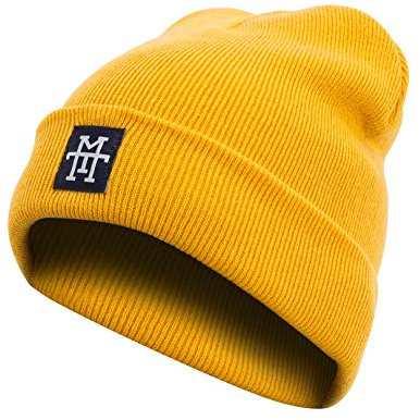 Rough Beanie - Beanie Mütze, Strickmütze mit Echt-Leder/Stick Veredelung, Viele Farben zur Auswahl (Manufaktur13/M13) (Mustard)