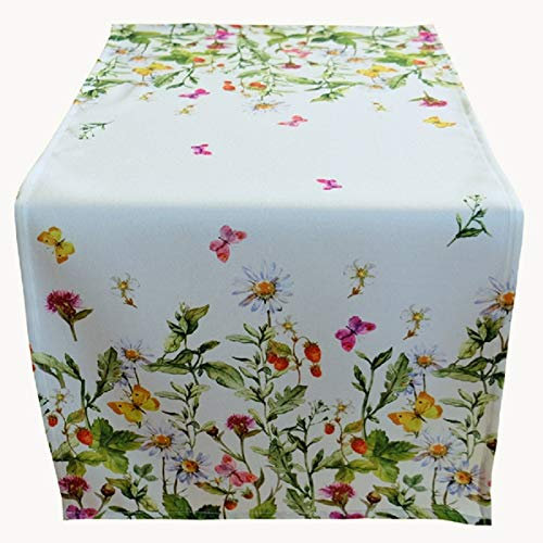 Raebel Tischläufer 40 x 90 cm Tischdecke Mitteldecke Ostern Tischdeko Frühling weiß bunt Blumen und Schmetterlinge
