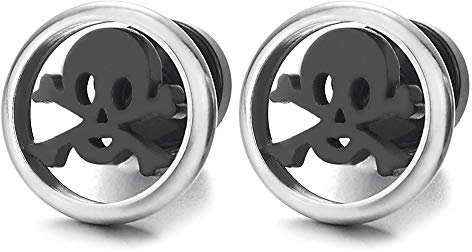 Herren Damen Jungen Edelstahl Flach Piraten Schädel Kreis Ohrstecker Ohrringe, Silber Schwarz, Rock, Schraube Wieder