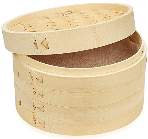 10 Inch Handmade Bamboo Steamer, 2 Tiers & Lid, Premium Bamboo Steam Basket, Healthy Cooking for Vegetables, Dim Sum Dumplings, Buns, Chicken Fish & Meat
