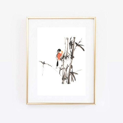 Kunstdruck Din A4 ungerahmt Roter Vogel, Zweig, Bambus - Asiatische Kunst, Asien, Tuschemalerei, Druck, Poster, Bild