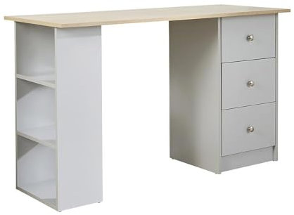 Home Source Computer Desk Bedroom Office Furniture, 3 Drawer, 3 Shelf, Grey