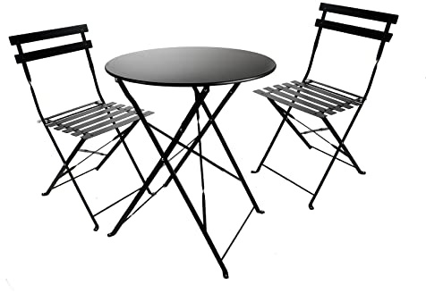 Bistro Set klappbar, Balkonset 2 Stühle 1 runder Tisch, Balkonmöbel Metall, wetterfest, Bistrogarnitur für Balkon, Garten Terrasse (Black), 40086