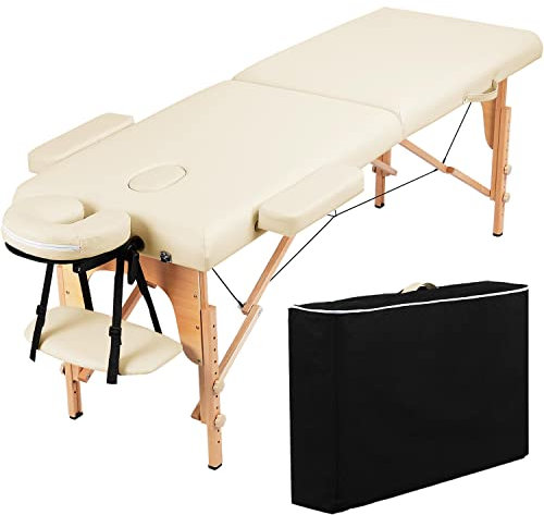 Yaheetech Portable Massage Table Folding Spa Beauty Bed Lightweight Tattoo Therapy Couch Wooden 60 cm Width 2 Section Cream