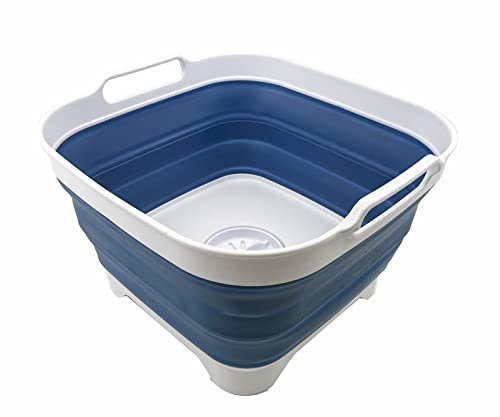 SAMMART 10 l zusammenklappbare Geschirrpfanne mit Abtropfstöpsel – faltbares Waschbecken – tragbare Geschirrwaschwanne – platzsparende Küchenaufbewahrung (Weiß/Metallic Blau)