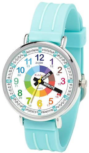 Kiddus Lern Armbanduhr für Kinder, Jungen und Mädchen. Analoge Armbanduhr mit Zeitlernübungen. Time Teacher. Français Turquoise