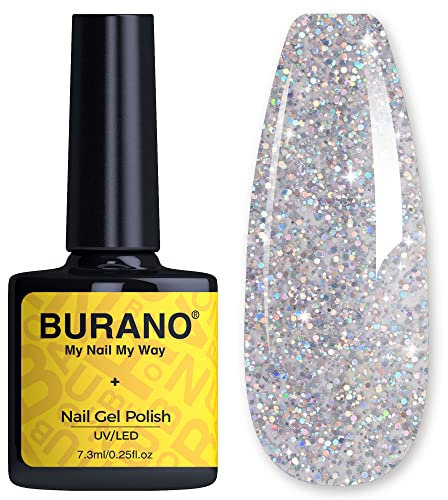 BURANO Glitter Gel Nail Polish, LED UV Nail Gel Shimmer Holographic Effect Soak off Curing Required Silver LP9