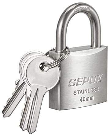 SEPOX® Cadenas à clé extérieur professionnel résistant aux intempéries, anse en acier inoxydable SUS304 et corps de serrure 40mm, 1cadenas avec 2 mêmes clés, pour Marine, Industriel, Jardin