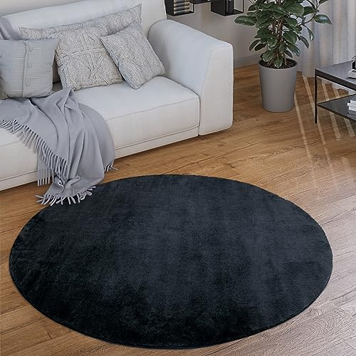 Paco Home Waschbarer Teppich Rund Wohnzimmer Kurzflor rutschfest Modern Flauschig Einfarbiges Muster, Grösse:160 cm Rund, Farbe:Navy-Blau