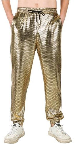 Akkad Kuti Mens Metallic Pants, Gold Rhombic, X-Large