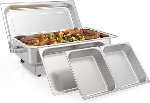 9QT - Scaldavivande e scaldavivande elettrico in acciaio inox, set da buffet con 1 padella full-size e 2 mezze teglie, display con controllo della temperatura per feste, catering