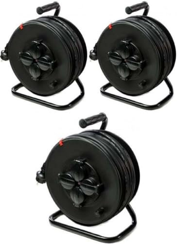 GLT 3 x Paccs 50 m Profi Gummi Kabeltrommel schwarz mit 4 Steckdosen Verlängerungskabel für Außenbereich/Outdoor/Baustellen IP44 - H07RN-F 3x1,5 mm²