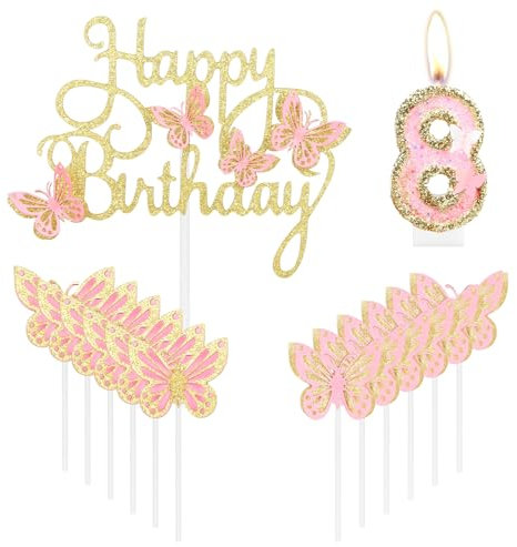mciskin Gold Pink Happy 8th Birthday Candles,Butterfly Cake Decorations,Gold Pink Number 8 Candle for Cake Toppers Girls,Glitter Butterfly Topper for Girls' 8th Birthday Decorations