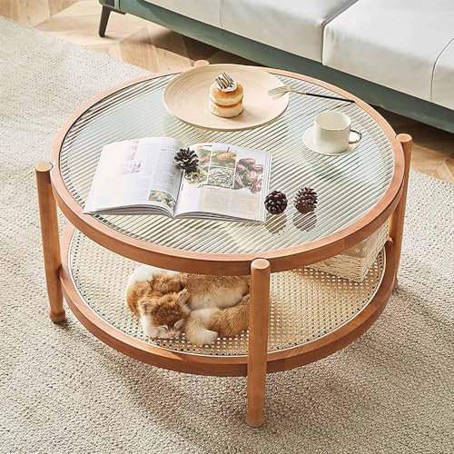 Runder Couchtisch mit Ablage, Rattan, 80 cm, kleiner Glas-Couchtisch, Wohnzimmer, moderner Stil, Bauernhaus, Holz-Couchtisch, Wohnzimmer, Couchtisch, rund, einfache Montage, Schwarz + natürliche Farbe