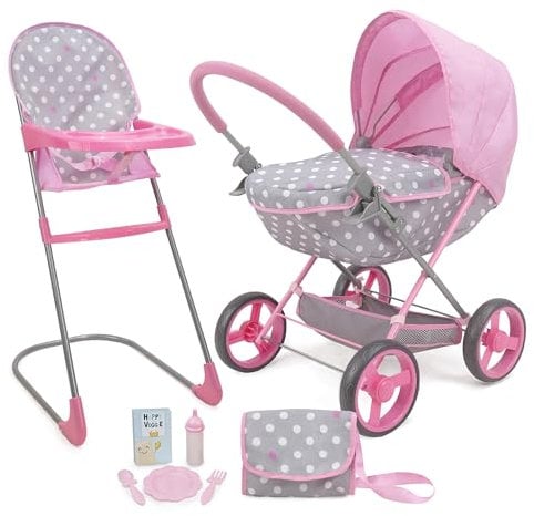 509 Crew Cotton Candy Doll Pram n Feed 8 Piece Combo Play Set, Classic Doll Pram, Doll High Chair, Diaper Bag, 5 Piece Feeding Toys, for Dolls 46cm, Pretend Play for Kids Ages 3+
