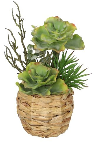 Hollyone Small Fake Succulents in Woven Basket, Dual-use Artificial Plants Hanging Succulents, Faux Succulents Realistic Greeneries for Home Decor, Bathroom, Desk, Shelf, Windowsill Decorations