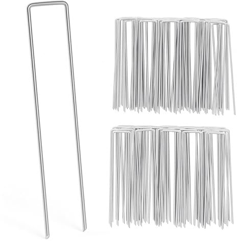 QianRuiDa 100 Stück Erdanker 15 cm Silber, Rasenstifte für Kunstrasen Ø3mm | Stahlstifte in U-Form zur Stabilen Befestigung von Rasenteppich, Unkrautvlies und Tropfschläuchen im Garten, Rostfrei