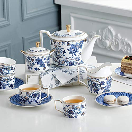 VNNHGB 11-teiliges Teeservice aus britischem Porzellan im Retro-Vintage-Stil in Weiß und Blau, Hochzeitsteeservice, Kaffeeservice aus Keramik, Teetasse und Untertasse mit Kaffeelöffel