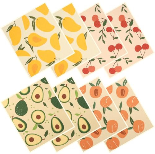 Jokapy 8Pcs Swedish Dishcloths,Super Absorbent Cellulose Sponge Paper Towels Reusable Kitchen Dishcloths,Washable Kitchen Dish Towels Soft Cleaning Cloths for Kitchen Home Washing Dishes(Fruit)