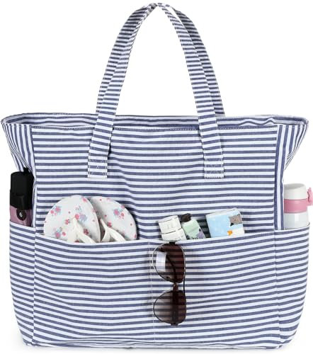 LEDAOU Große Strandtasche mit reißverschluss Damen Wasserdicht Umhängetasche Tragetasche shopper sanddicht mit Reißverschluss Pool Fitness Reisetasche familie (Blaue Streifen)
