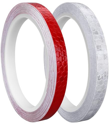 Prasacco 2 Rollen Reflektorband Selbstklebend, 10mm x 8m Reflektoren Aufkleber Selbstklebende Wasserdicht Reflektierendes Klebeband Reflektor Warnband für Straße Fahrräder Helme Motorrad (Rot, Weiß)