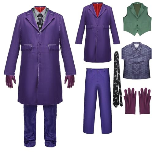 Costume da Joker per uomo adulto, 7 pezzi, abiti da clown, per cosplay, Halloween, colore viola, con giacca, cravatta, pantaloni, cappotto e guanti, accessori per feste (adulti, L)
