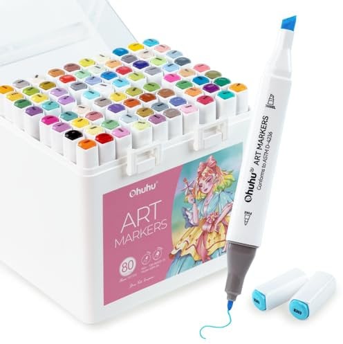 Ohuhu Alkohol Marker, 80 Farben Double Tipped Marke Stifte + 1 Blender, Meißel & Fine Alcohol-basierte Kunst Marker Set für Erwachsene Künstler Anfänger Färbung Illustration Skizzieren