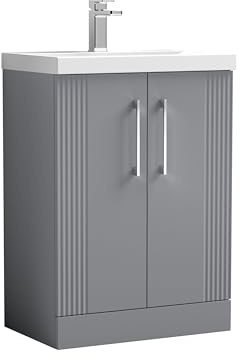Balterley Vanity Unit with Basin Floor Standing, Soft Close 2 Door with Handles & Thin Edge Sink, Bathroom Vanity Units with Basin, Partial Fluted Sink Cabinet - 610 x 395 x 860mm (Grey)