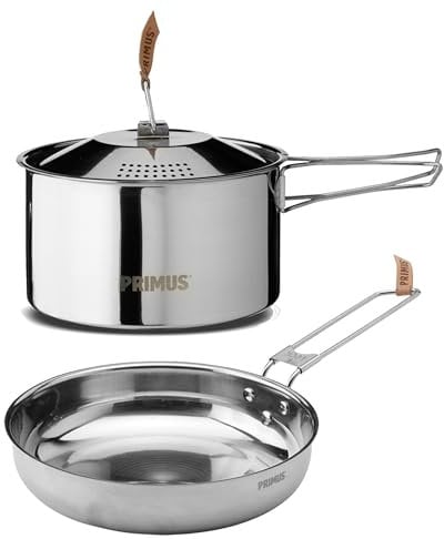 Primus Camping Cookware Set - Campfire Cookset Stainless Steel Small - 1,8 L and 17,5 cm Camping Pot and 21 cm Camping Pan - Camping Pots and Pans for Gas Stove or Open Fire - Camp Kitchen Equipment