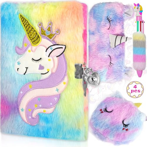 ZPQAODI Diario para niña con juego de candado, unicornio de peluche para niñas, 160 páginas, cuaderno de doble cara, diario secreto con billetera de unicornio, bolígrafo, estuche, regalos para niñas