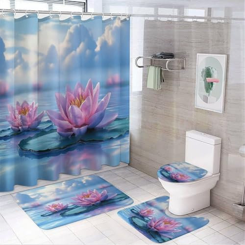 CAEITLRSO Rosa Seerose Duschvorhang 180cm X 180cm Teich Spiegelung Badezimmerteppich 4-teiliges Set, Shower Curtains Wasserdicht Duschvorhang Mit Teppichen 4-teiliges (180cm X 180cm(BxH))