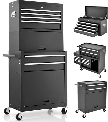 Robuster Werkzeugschrank, abschließbarer Werkzeugkasten aus Metall mit abnehmbarem Oberteil, 5/6 Schubladen, Lochwand und Haken, verstellbarer Einlegeboden, Rollwagen