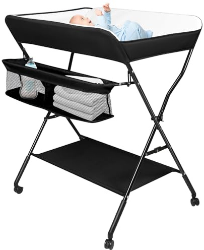 WOTAT Table à langer pliante et Portable,Table à langer avec panier de rangement,Ceinture de sécurité et 4 roues avec frein, Réglable en hauteur,Charge Max 25 kg pour Nouveaux
