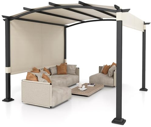 COSTWAY 3 X 3 M/3 X 3.6 M Retractable Pergola, Large Garden Pergola with Sun Shade Canopy, Outdoor Arched Patio Shelter Metal Gazebo (Beige, 305 x 305 x 218 cm)