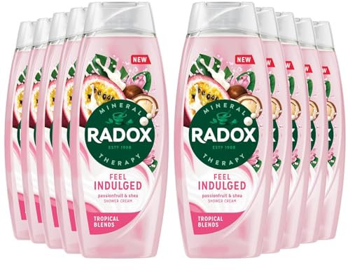 Radox Mineral Therapy Feel Indulged Shower Gel Body Wash, Pack of 10, Shower Cream with 4 minerals and 13 herbs, Passionfruit and Shea scent for a Mood-Boosting Experience, 450 ml