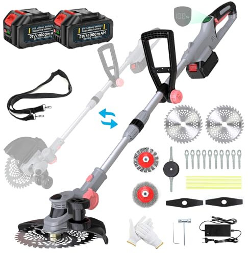 Rasentrimmer mit Akku und Unkrautbürste, Akku Rasentrimmer für Makita Akku, Bürstenlose Freischneider Akku 21V - 2x4,0Ah Akku, 5 Arten Klingen, Motorsense Akku für Trimmer Garten (Grau)