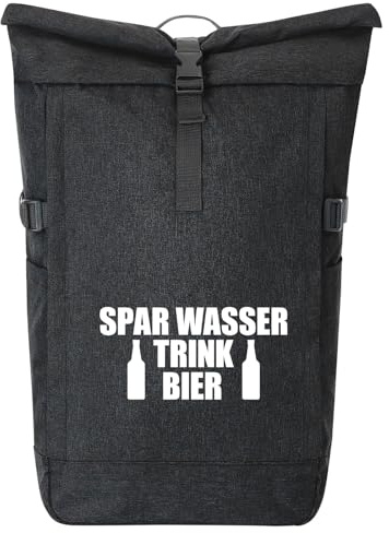 Huuraa Kurierrucksack Spar Wasser Trink Bier Bierflasche 30-44 Liter Black Melange Fairtrade Rolltop Rucksack Geschenkidee