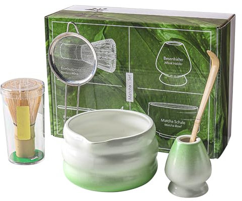 Set of 5 Matcha Set Whisk and Bowl Matcha Whisk Set with Whisk Holder Matcha Spoon Sifter(White and Green)