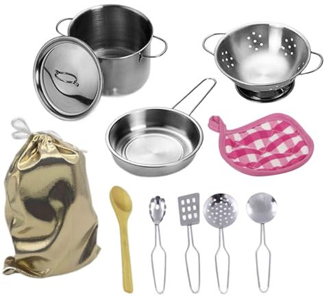12Pcs Kids Pots and Pans Playset, Stainless Steel Play Kitchen Accessories with Soup Pot Pan Shovel Spoon Bag Children Chef Role Play Cooking Toys for Children Pots and Pans Kids Playset Cooking Toys