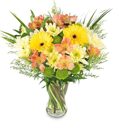 Bold & Lively Fresh Flower Bouquet - Flowers delivered for All Occasions: Birthdays, Anniversaries, Thank You & More - Yellow Germini, Peruvian Lily, Palm & Chrysanthemums - Delivery for Instant Joy!