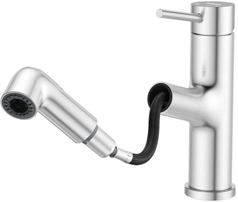 HURRAN Ausziehbare Wasserhahn Bad, Einhebelmischer für Waschbecken, Niedrig Waschtischarmatur mit 2 Strahlarten, Edelstahl, Gebürstetes Nickel