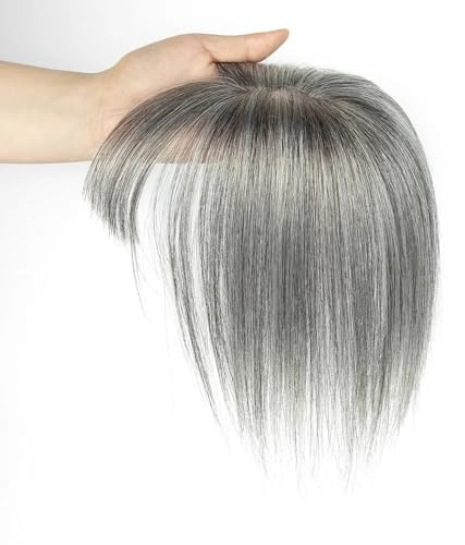 5x9cm Basis-Haarteile, Echthaar-Topper for Damen mit Pony for dünner werdendes Haar Flauschigs und Natürlich(Grey,8inch)