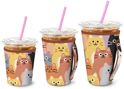 MAYJOYDIY 3 Pack Pet Cat Iced Coffee Sleeves Reusable Neoprene Insulated Sleeves Animal Cup Covers with Handle 3 Sizes for Hot and Cold Drinks Fit 16-32oz Coffee Cups(Cute Cats)
